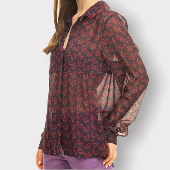 BLUGIRL FOLIES, Sheer Button Down Blouse with Butterfly Pattern, Size 10 - Picture 12 of 16